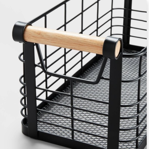 BRIGHTROOM · RECTANGULAR BLACK WIRE NATURAL WOOD HANDLED BASKET - Picture 2 of 3